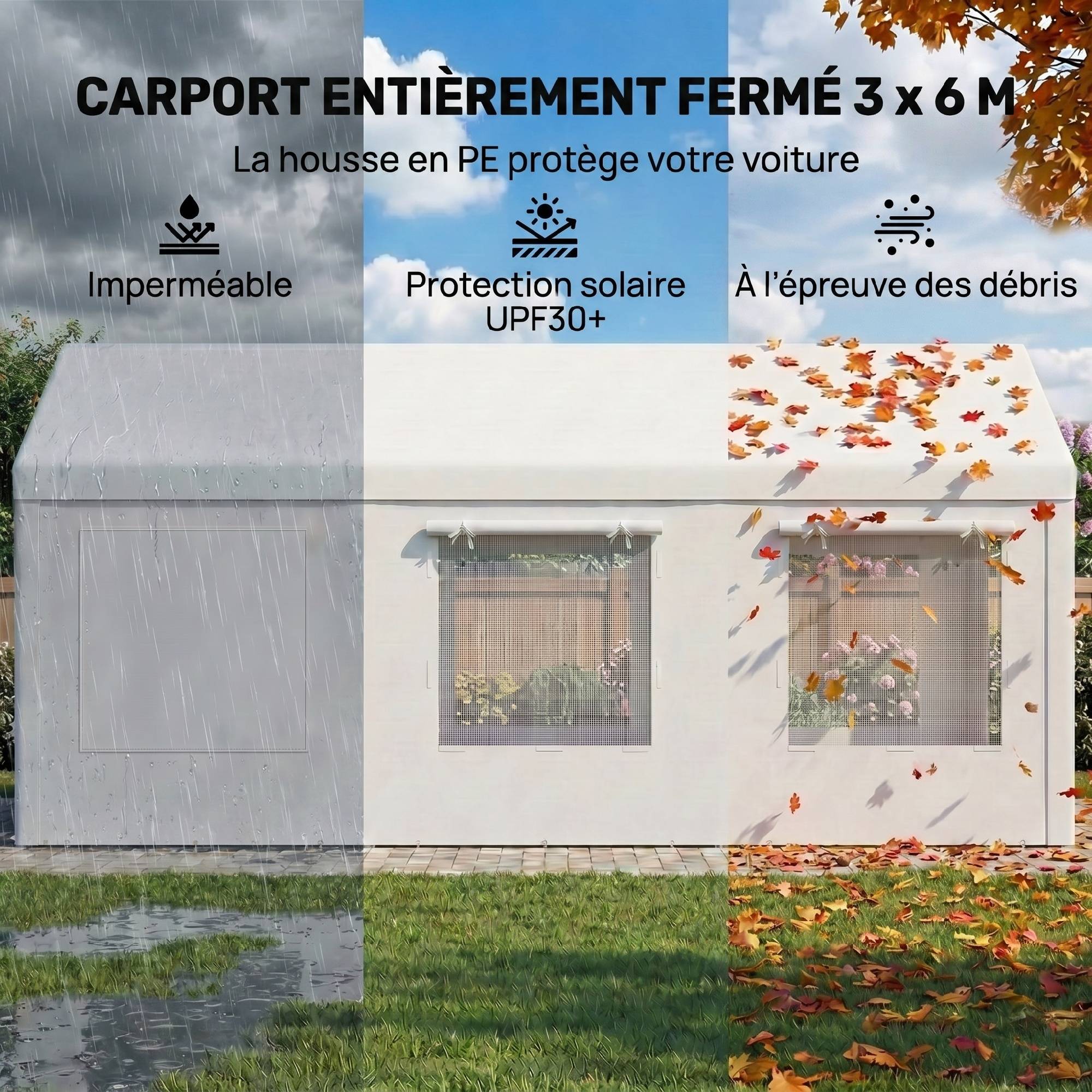 Abri de Voiture Tente de Garage Protection UV30+ Hauteur Réglable 6 Fenêtres et Moustiquaire 3x6m Blanc - Image 7