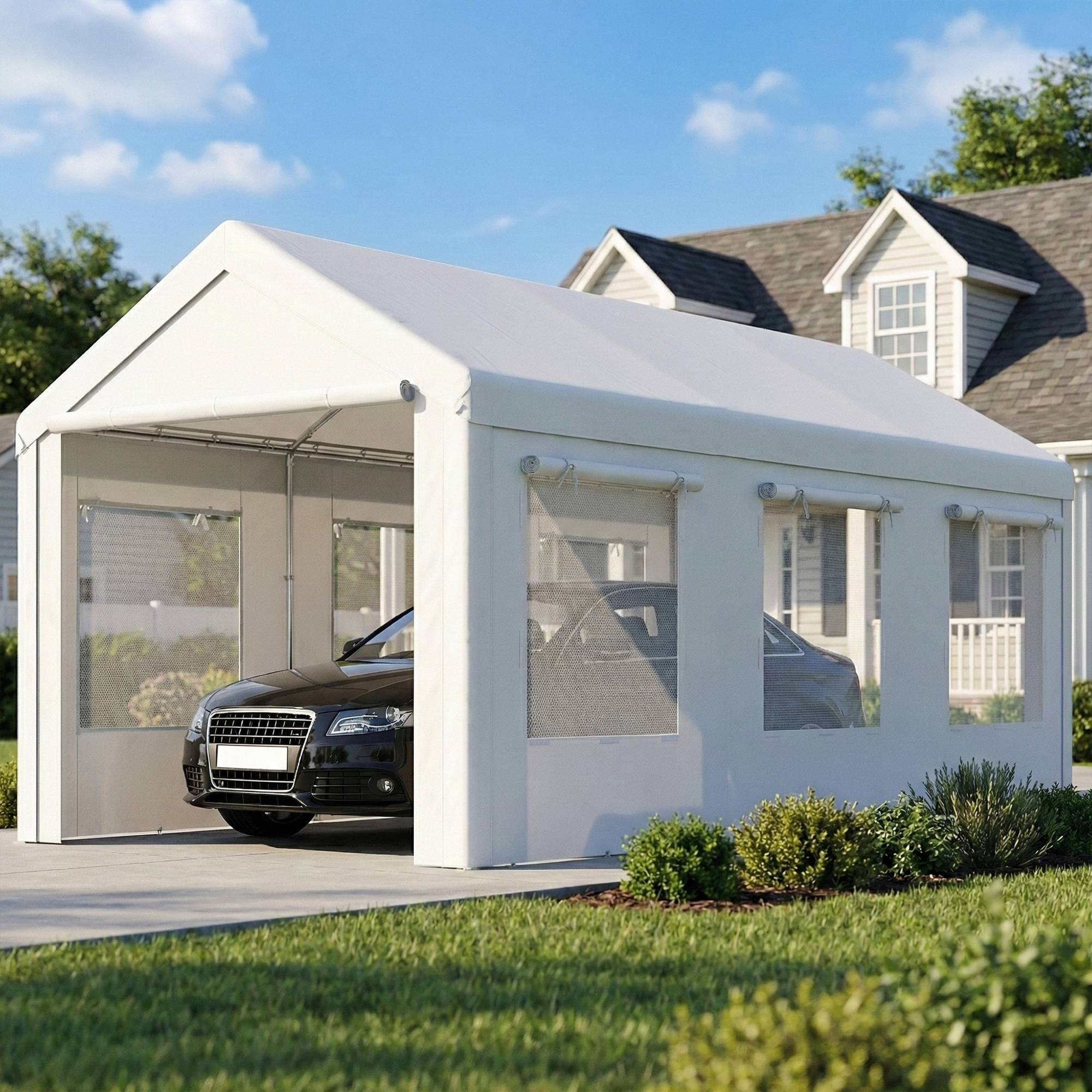 Abri de Voiture Tente de Garage Protection UV30+ Hauteur Réglable 6 Fenêtres et Moustiquaire 3x6m Blanc - Image 4