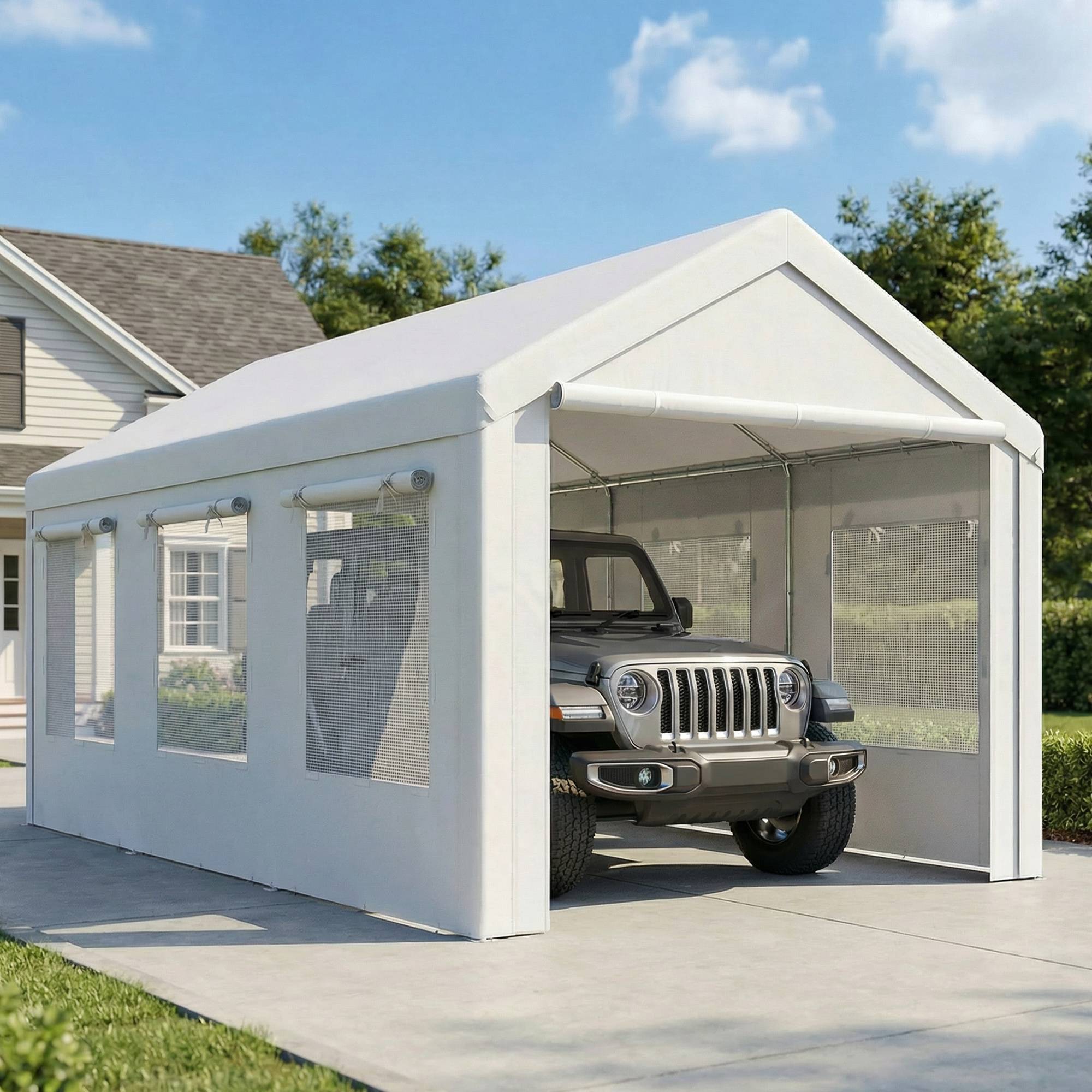 Abri de Voiture Tente de Garage Protection UV30+ Hauteur Réglable 6 Fenêtres et Moustiquaire 3x6m Blanc - Image 3