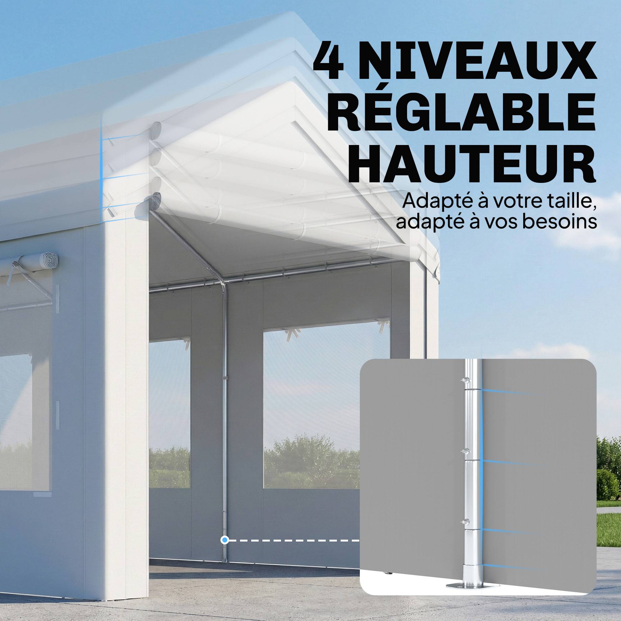 Abri de Voiture Tente de Garage Protection UV30+ Hauteur Réglable 6 Fenêtres et Moustiquaire 3x6m Blanc - Image 6