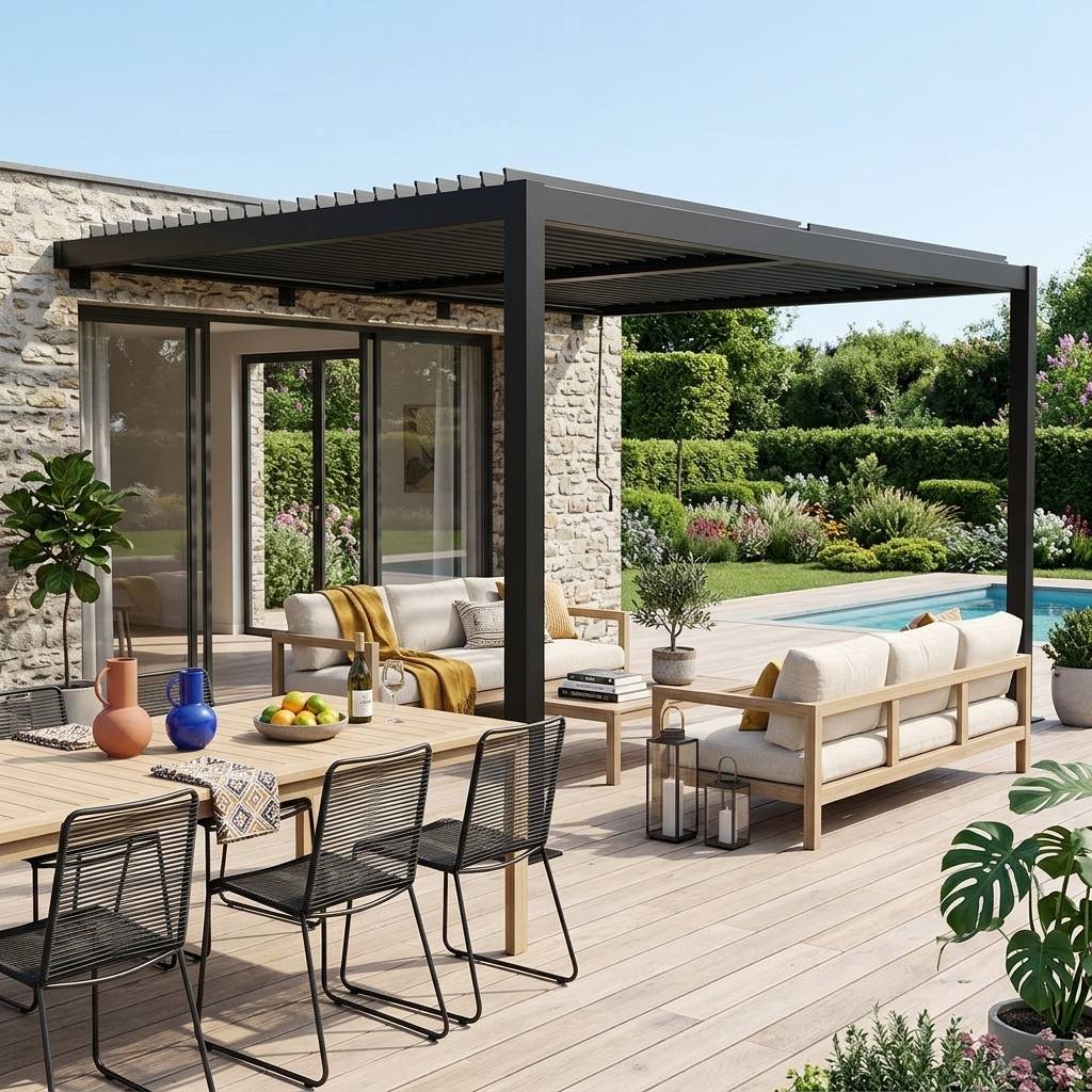 sweeek - Pergola bioclimatique aluminium adossée lames orientables 4x3m noir Palace | sweeek - Image 1