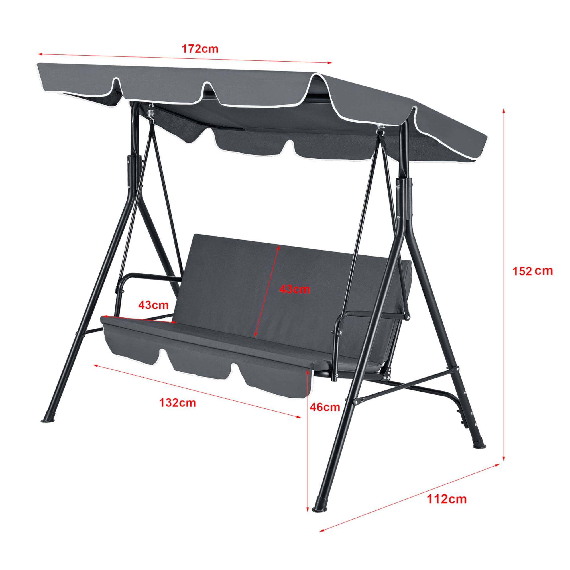 Balancelle de Jardin 3 Places Charge Max. 270 kg 172x112x152cm Gris Foncé [en.casa] - Image 2