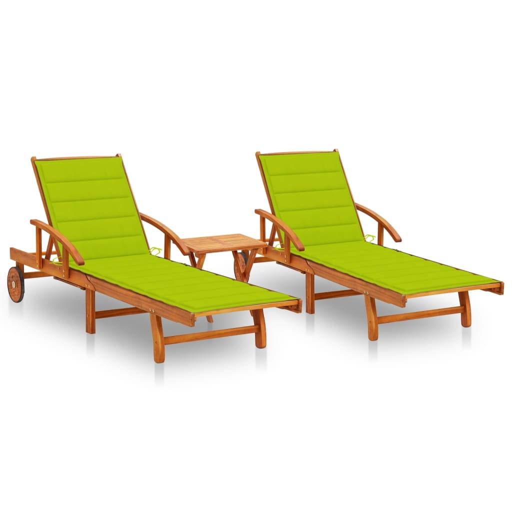 PANGIVO - Lot de 2 chaises longues bois acacia avec table et coussins vert vif 199 x 67 x 30/51/62/77/85 cm - PANGIVO - Image 1