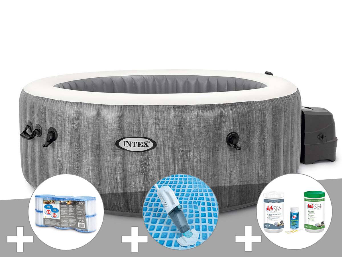 Kit spa gonflable Intex PureSpa Baltik rond Bulles 4 places + 6 filtres + Aspirateur + Kit de traitement brome