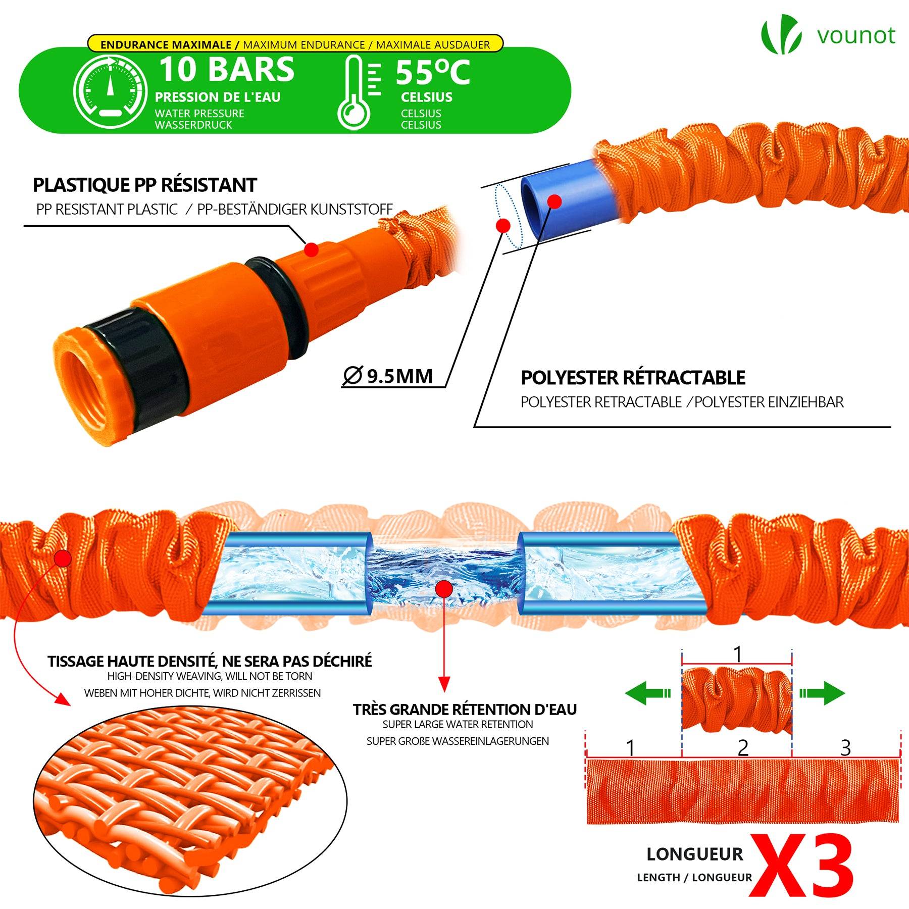 Tuyau d’Arrosage Extensible 45m avec Accessoires orange - Image 2