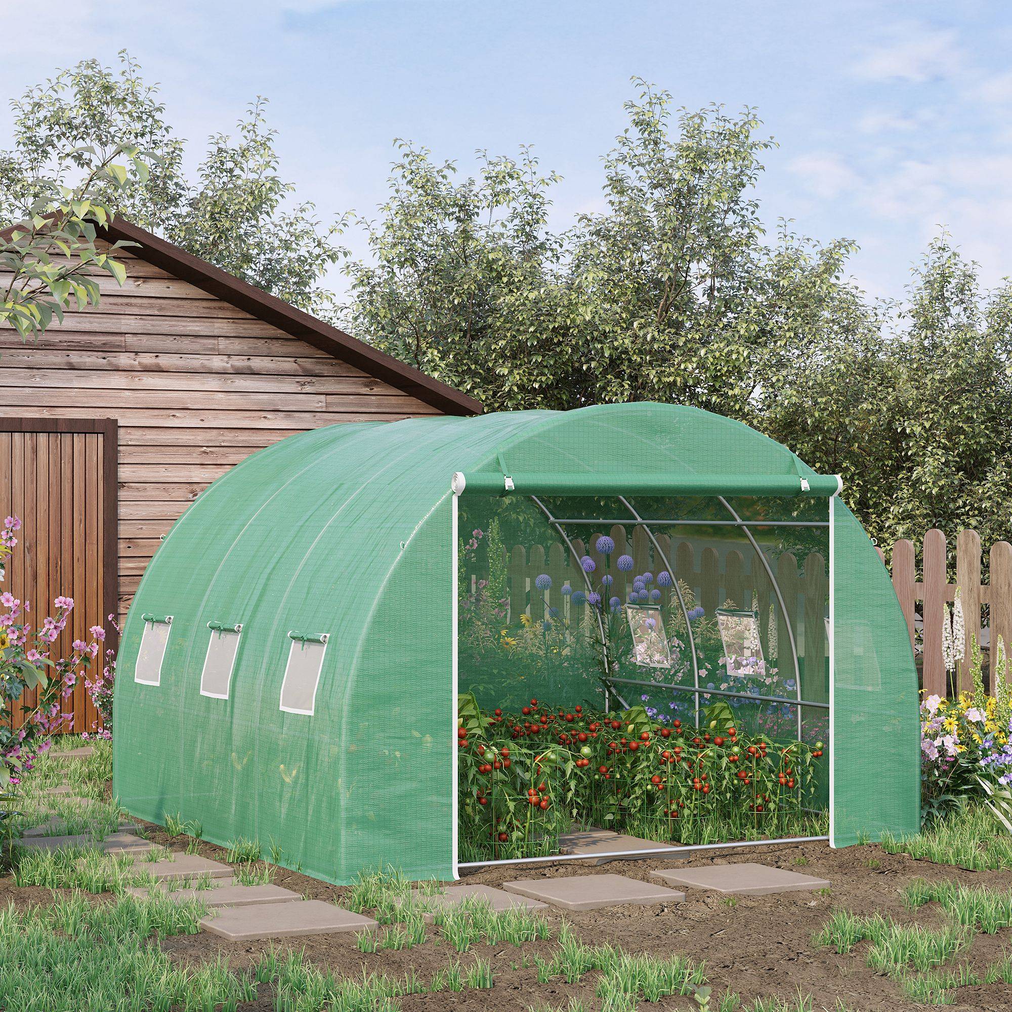 Sans Marque - Serre de jardin 9 m² serre tunnel de jardin 3 x 3 x 2 m avec porte enroulable et 6 fenêtres en maille en acier PE vert - Image 4