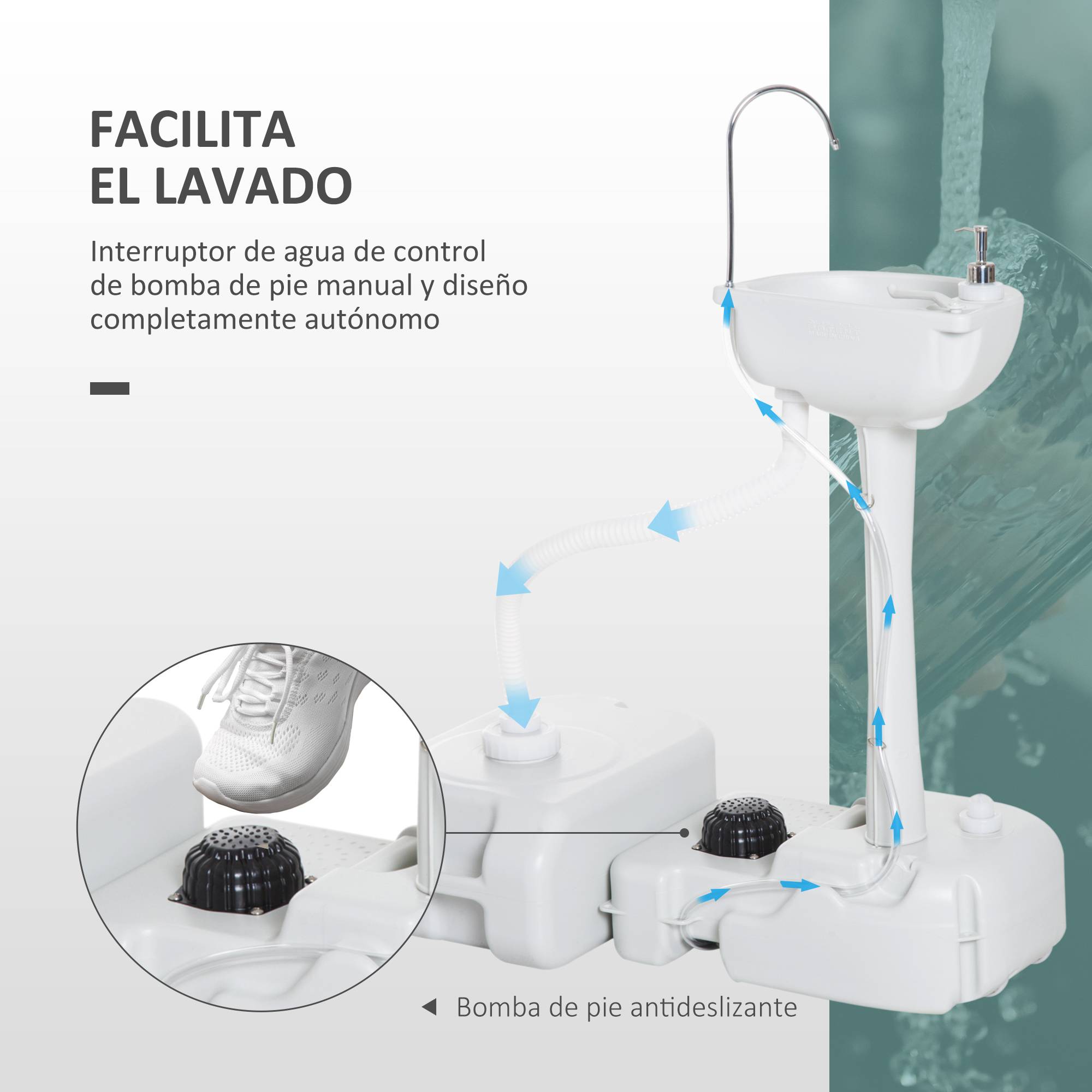 Lavabo Portable de Camping 17 L avec Réservoir d’Eau, Distributeur de Savon et 2 Roues, PEHD, 83 x 50 x 103 cm, Gris Clair - Image 5