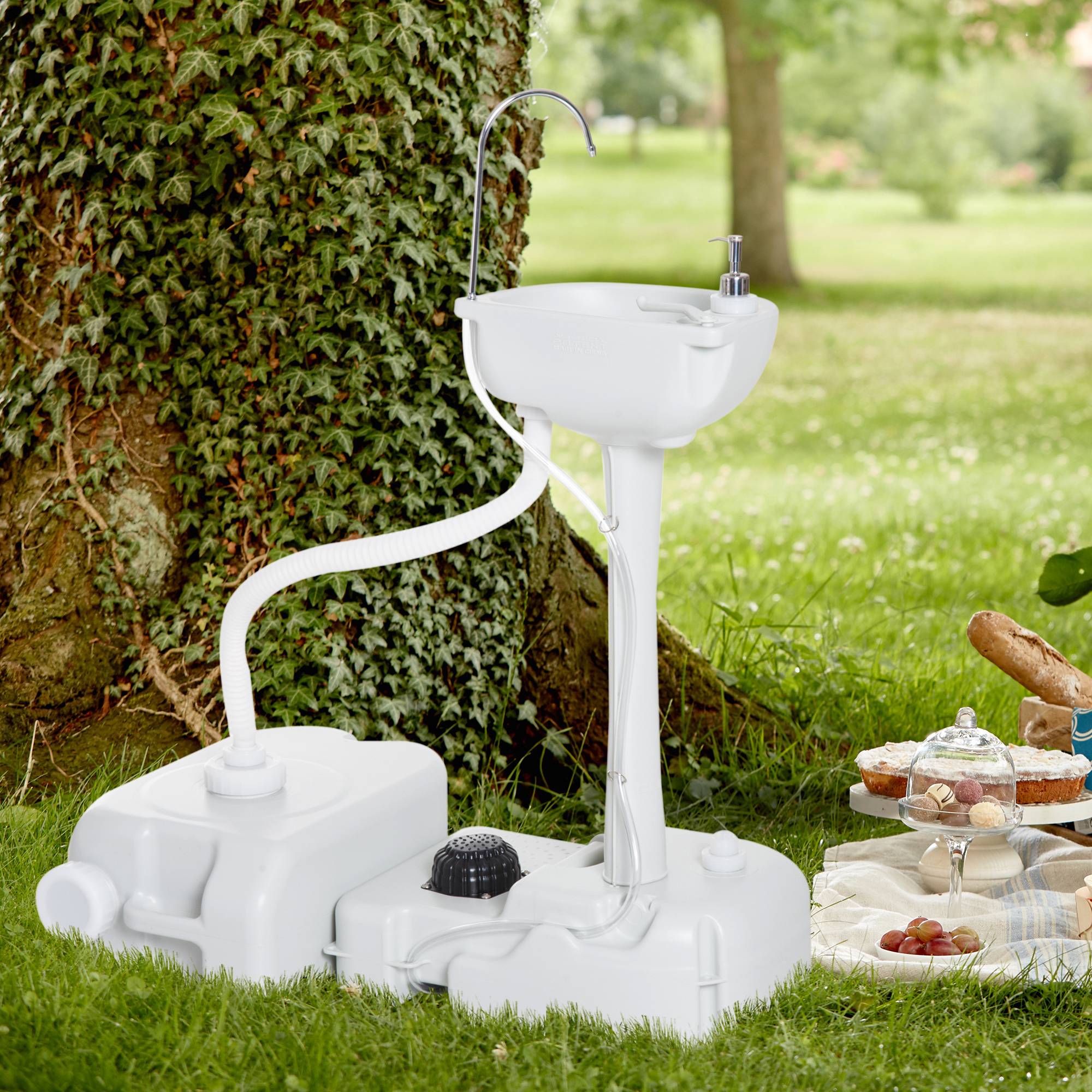 Lavabo Portable de Camping 17 L avec Réservoir d’Eau, Distributeur de Savon et 2 Roues, PEHD, 83 x 50 x 103 cm, Gris Clair - Image 2