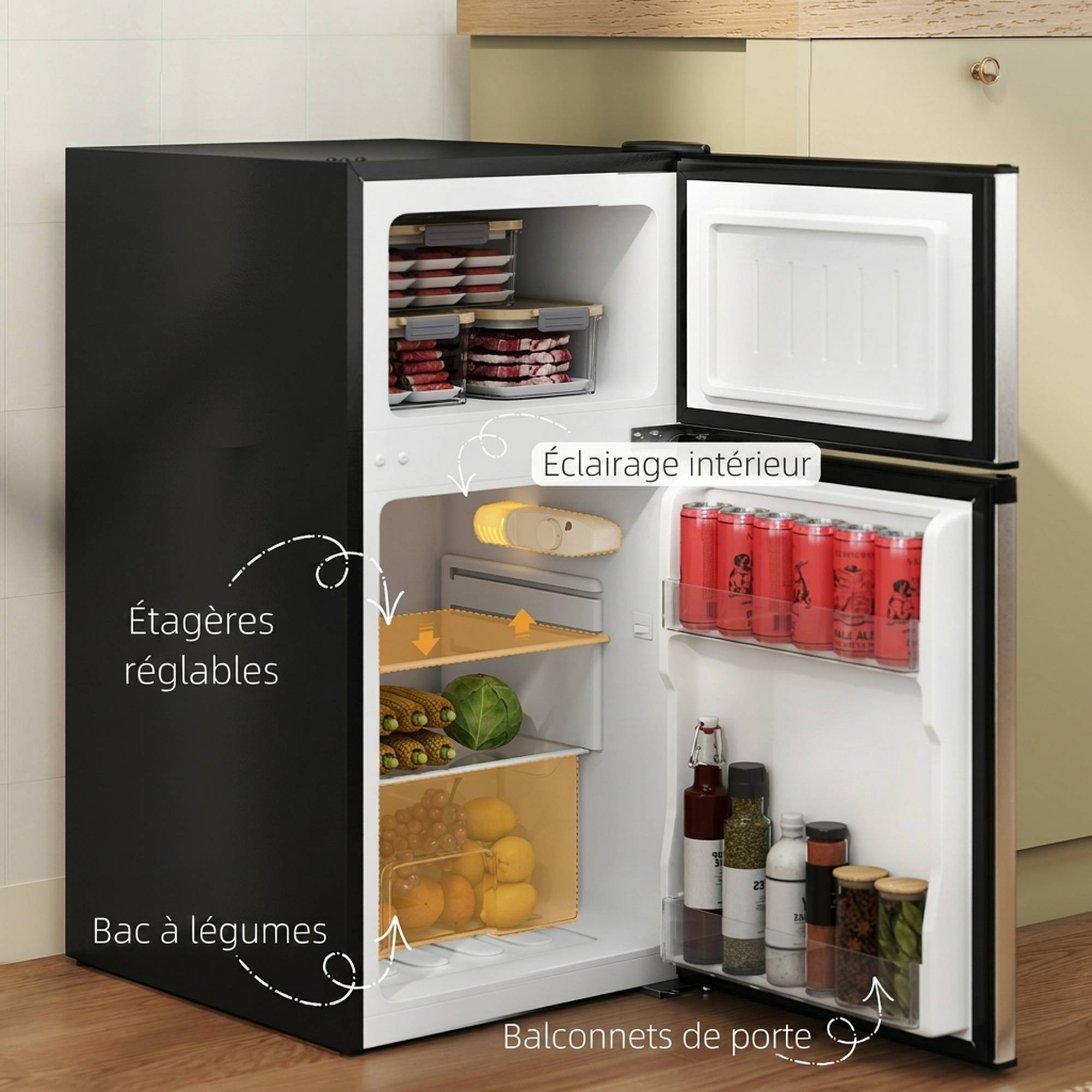 Réfrigérateur congélateur combiné 88L, porte réversible éclairage, 45,5x50x86,5cm, noir - Image 7