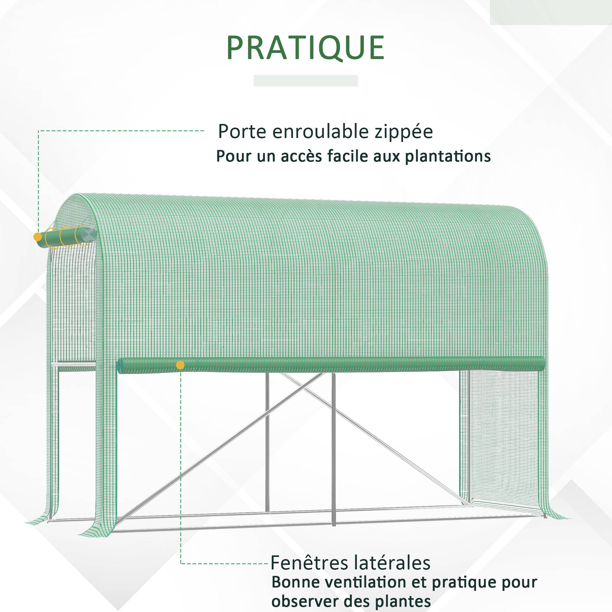 Serre de jardin PE 300x100x200 cm, bâche renforcée 140 g/m², structure acier, porte zippée, pour légumes, plantes et fleurs - Image 8