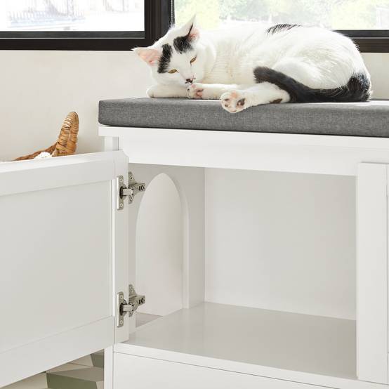 SoBuy Meuble Litière pour Chat avec Banc à Chaussures 2 Portes, 3 Bols, Accès Latéral, Coussin et Bois Blanc 90x36x44 cm FSR136-W - Image 6