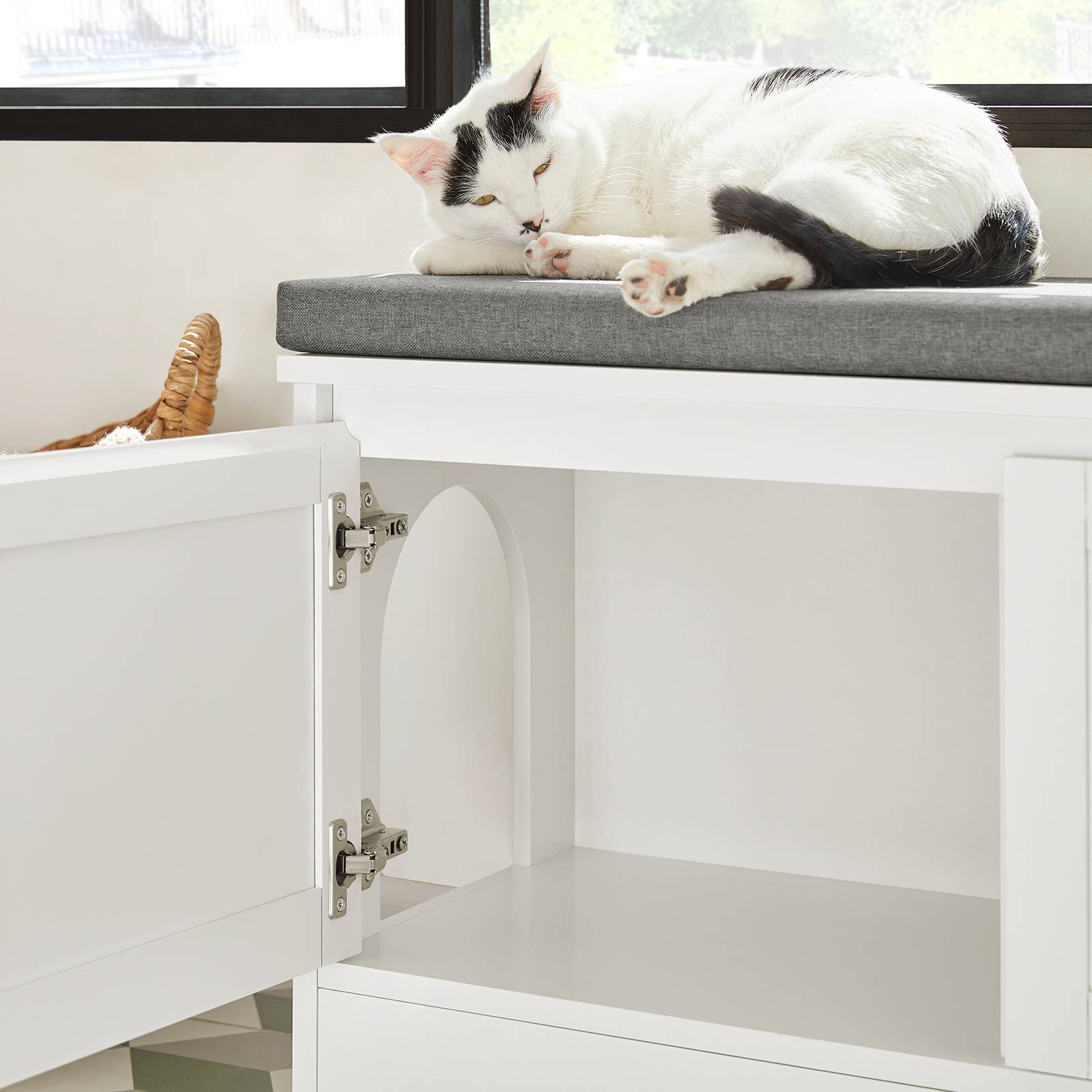 SoBuy Meuble Litière pour Chat avec Banc à Chaussures 2 Portes, 3 Bols, Accès Latéral, Coussin et Bois Blanc 90x36x44 cm FSR136-W - Image 6