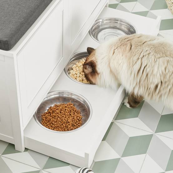SoBuy Meuble Litière pour Chat avec Banc à Chaussures 2 Portes, 3 Bols, Accès Latéral, Coussin et Bois Blanc 90x36x44 cm FSR136-W - Image 10