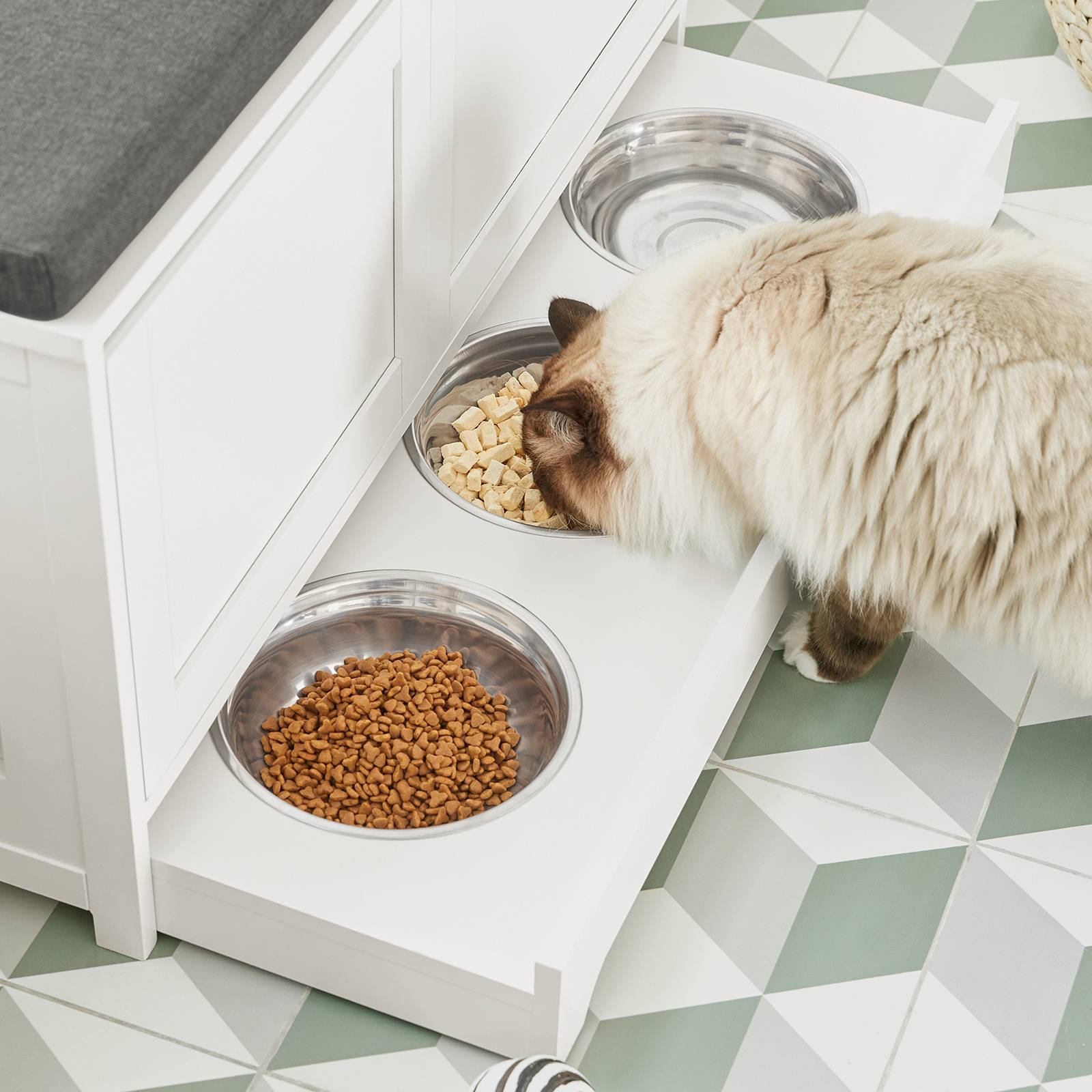SoBuy Meuble Litière pour Chat avec Banc à Chaussures 2 Portes, 3 Bols, Accès Latéral, Coussin et Bois Blanc 90x36x44 cm FSR136-W - Image 10