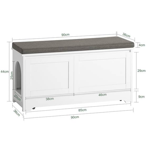 SoBuy Meuble Litière pour Chat avec Banc à Chaussures 2 Portes, 3 Bols, Accès Latéral, Coussin et Bois Blanc 90x36x44 cm FSR136-W - Image 3