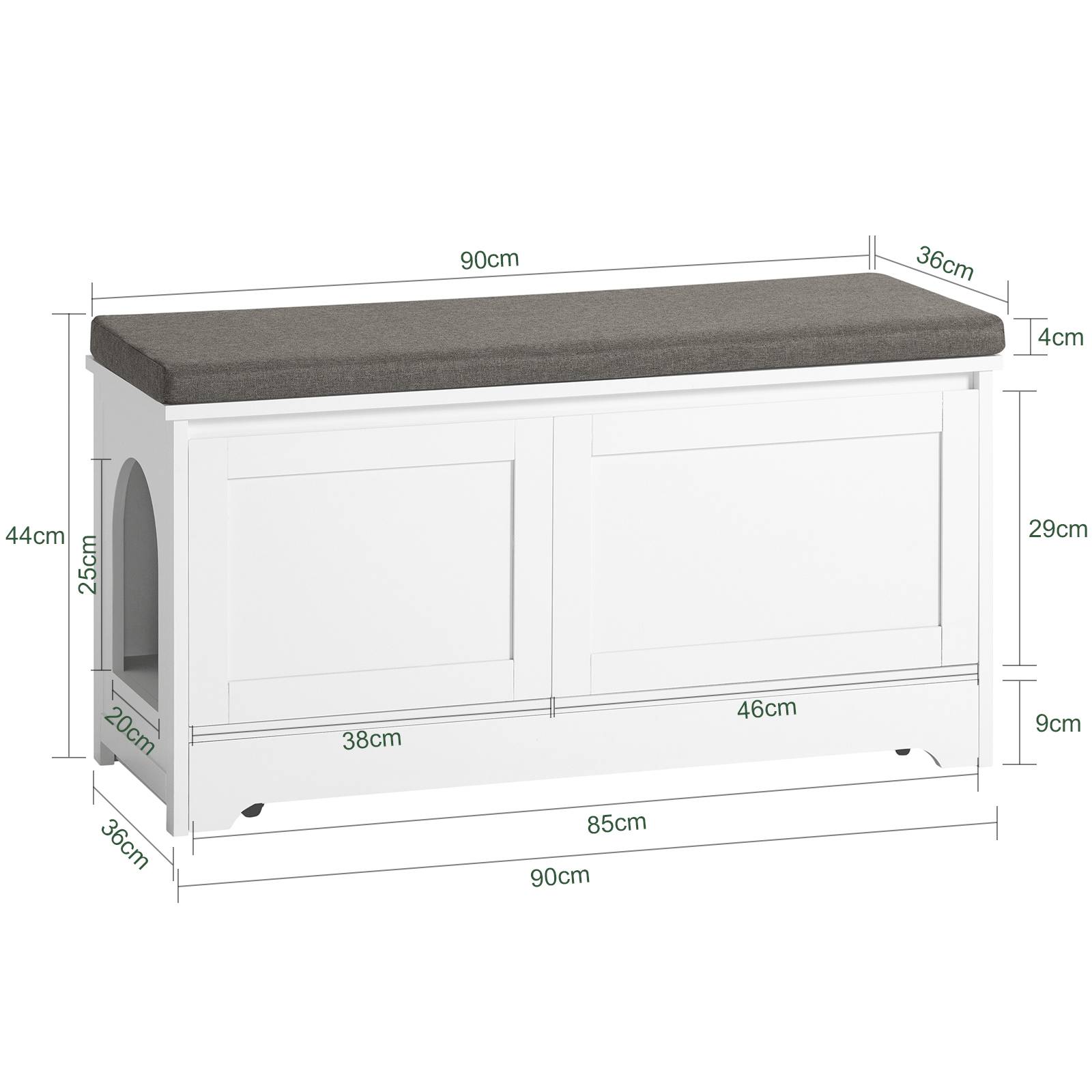 SoBuy Meuble Litière pour Chat avec Banc à Chaussures 2 Portes, 3 Bols, Accès Latéral, Coussin et Bois Blanc 90x36x44 cm FSR136-W - Image 3