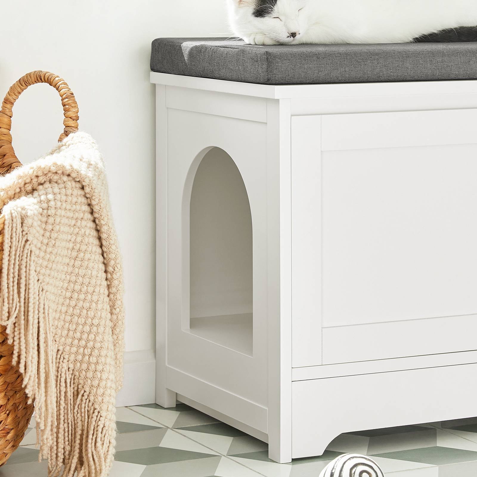 SoBuy Meuble Litière pour Chat avec Banc à Chaussures 2 Portes, 3 Bols, Accès Latéral, Coussin et Bois Blanc 90x36x44 cm FSR136-W - Image 4