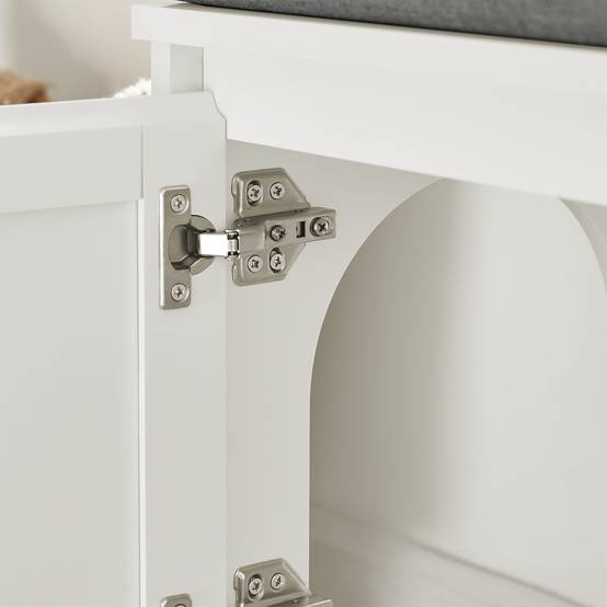 SoBuy Meuble Litière pour Chat avec Banc à Chaussures 2 Portes, 3 Bols, Accès Latéral, Coussin et Bois Blanc 90x36x44 cm FSR136-W - Image 8
