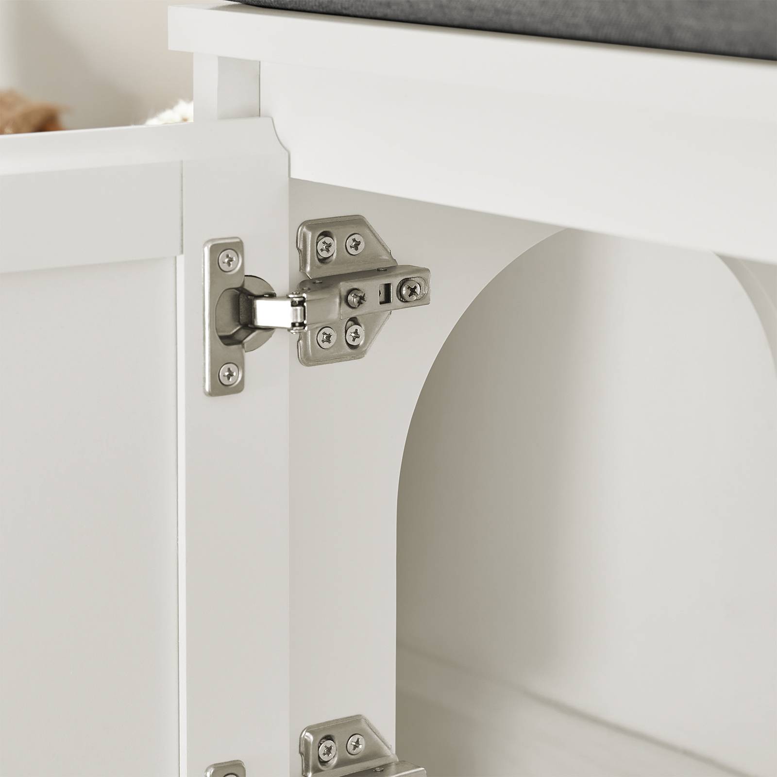 SoBuy Meuble Litière pour Chat avec Banc à Chaussures 2 Portes, 3 Bols, Accès Latéral, Coussin et Bois Blanc 90x36x44 cm FSR136-W - Image 8