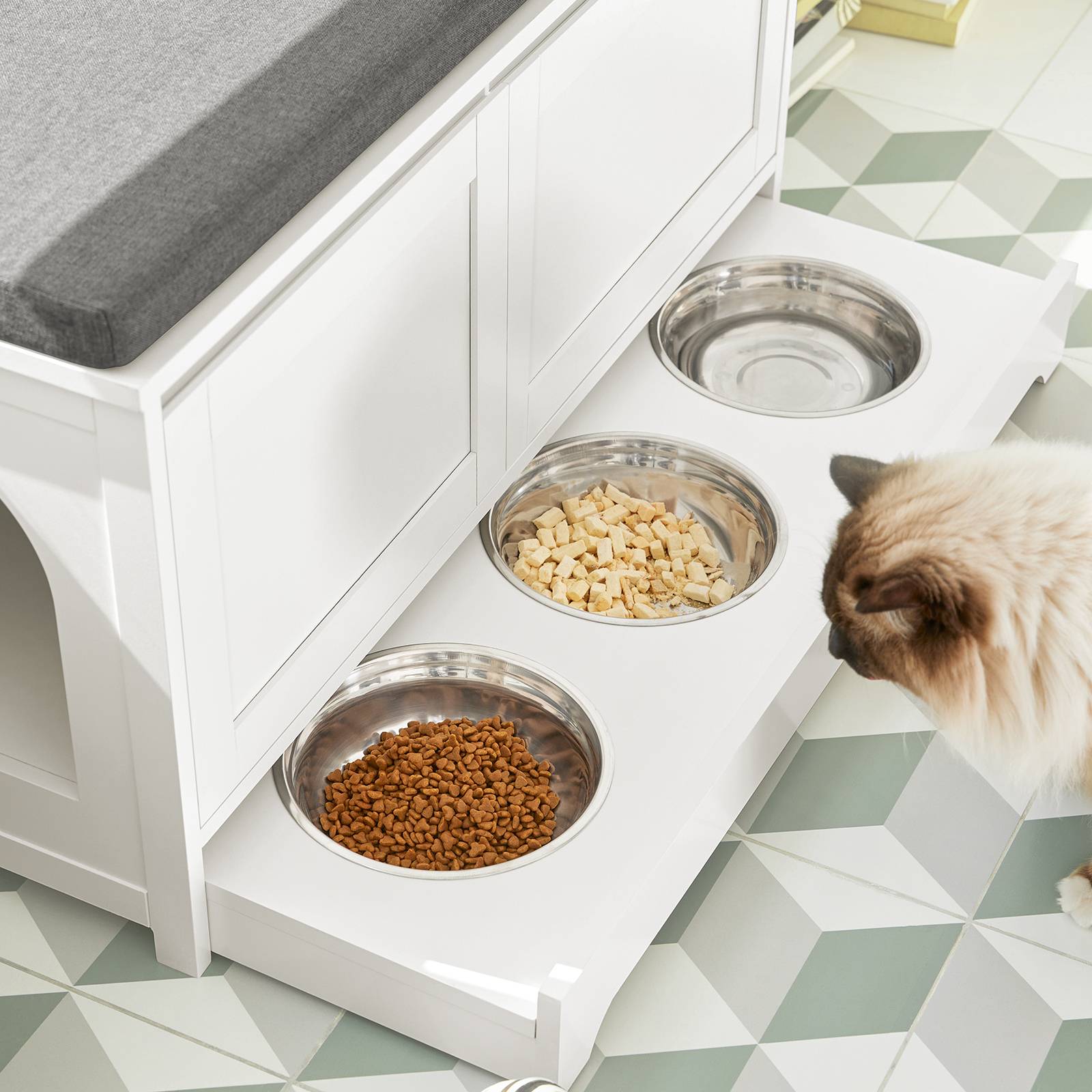 SoBuy Meuble Litière pour Chat avec Banc à Chaussures 2 Portes, 3 Bols, Accès Latéral, Coussin et Bois Blanc 90x36x44 cm FSR136-W - Image 9