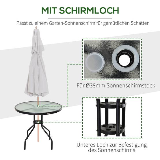 Table de jardin ronde Ø80x72 cm, verre trempé et métal, trou pour parasol, table de bistrot balcon et extérieur, noire - Image 6