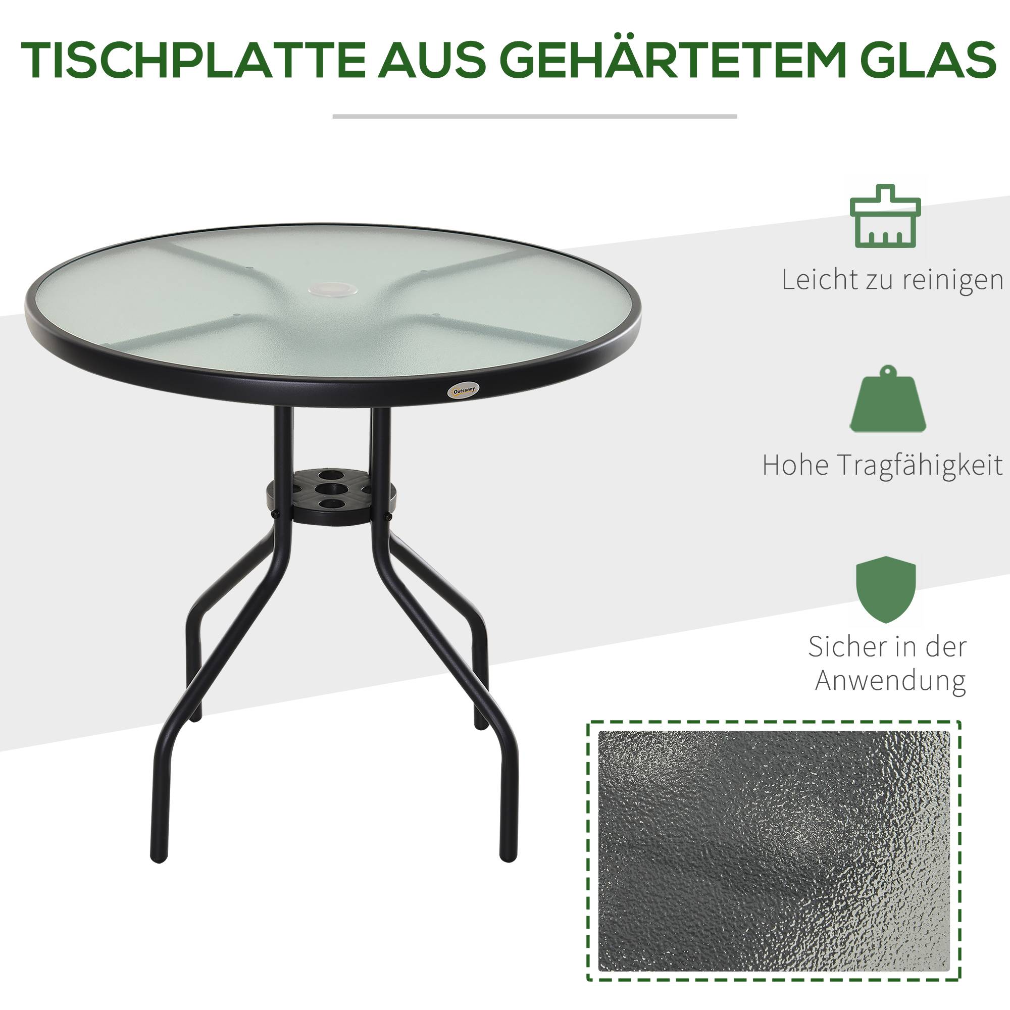 Table de jardin ronde Ø80x72 cm, verre trempé et métal, trou pour parasol, table de bistrot balcon et extérieur, noire - Image 7