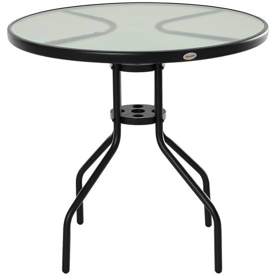 Table de jardin ronde Ø80x72 cm, verre trempé et métal, trou pour parasol, table de bistrot balcon et extérieur, noire - Image 1