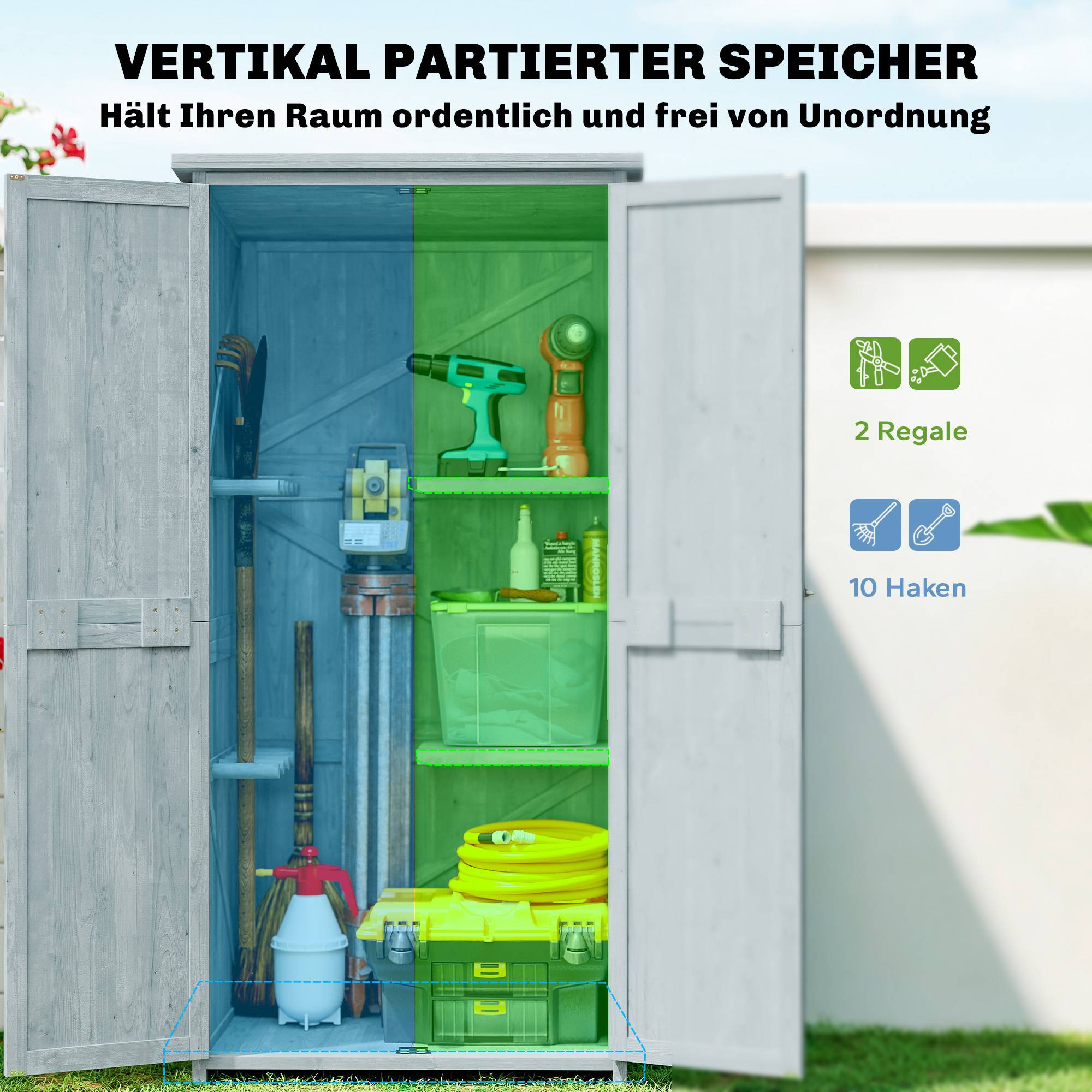 ComfortXL - Armoire de jardin en bois de sapin gris 85 x 54 x 170 cm rangement extérieur avec étagères et crochets - Image 4