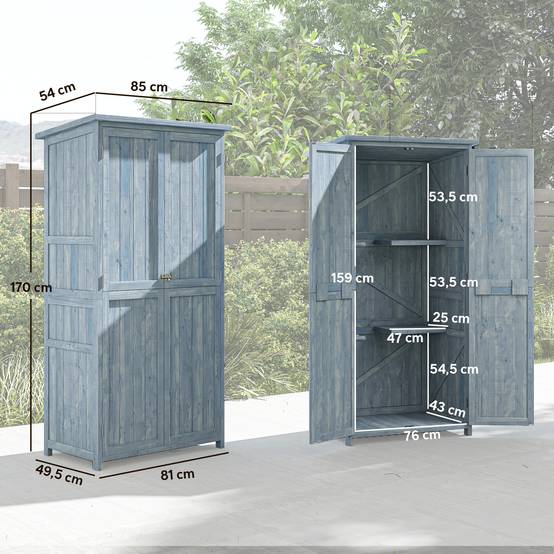 ComfortXL - Armoire de jardin en bois de sapin gris 85 x 54 x 170 cm rangement extérieur avec étagères et crochets - Image 3