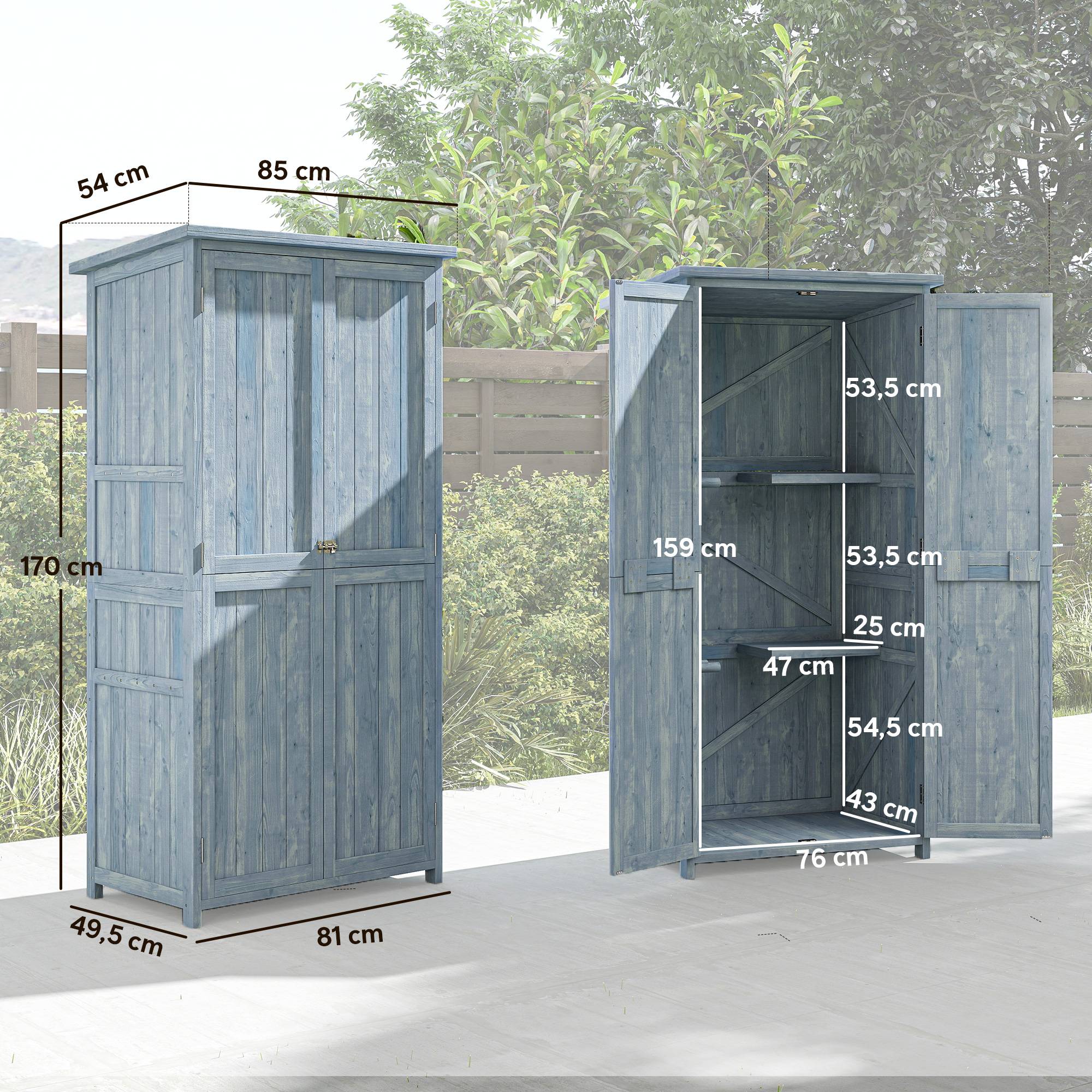ComfortXL - Armoire de jardin en bois de sapin gris 85 x 54 x 170 cm rangement extérieur avec étagères et crochets - Image 3