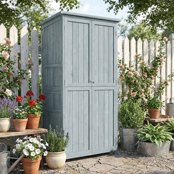 ComfortXL - Armoire de jardin en bois de sapin gris 85 x 54 x 170 cm rangement extérieur avec étagères et crochets - Image 9