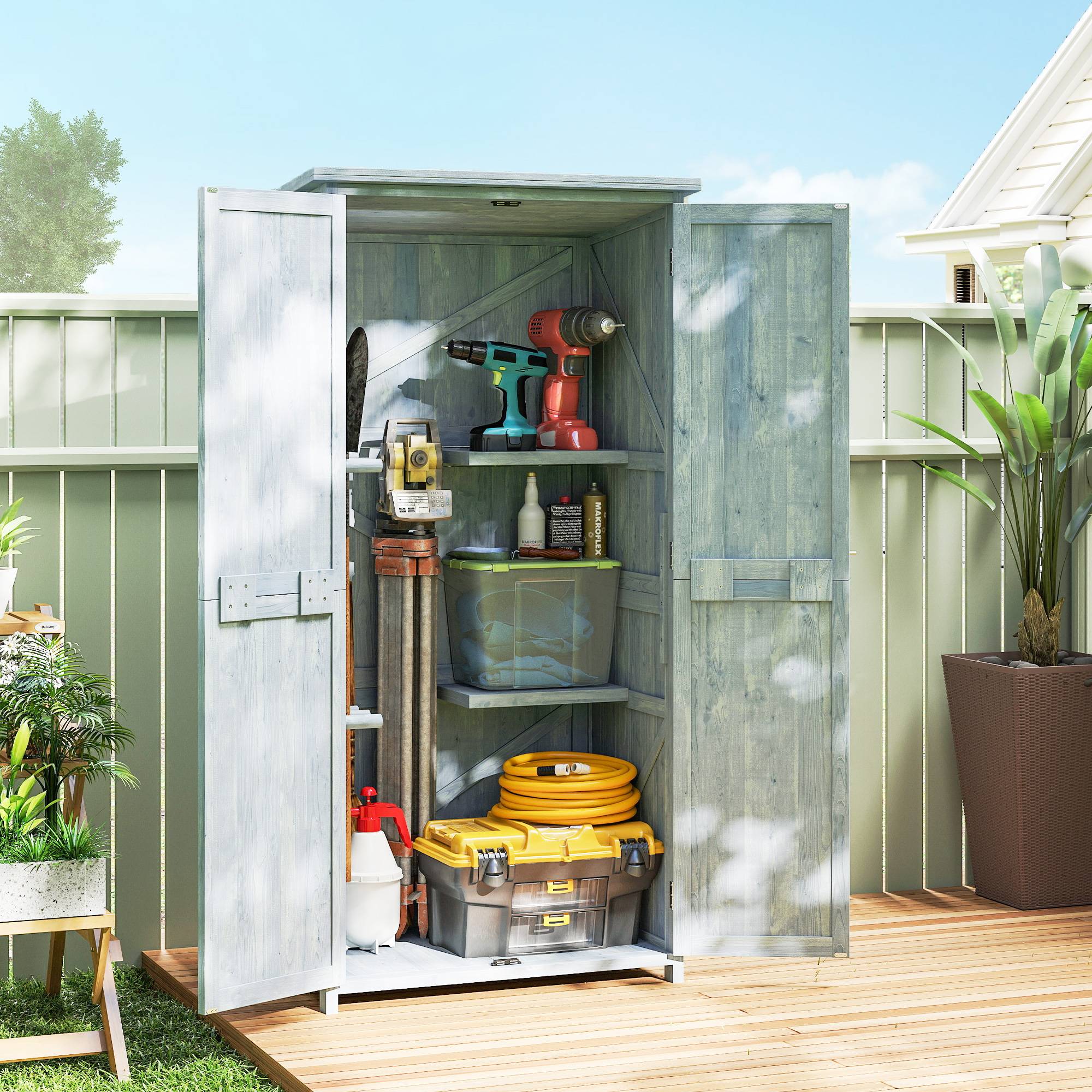 ComfortXL - Armoire de jardin en bois de sapin gris 85 x 54 x 170 cm rangement extérieur avec étagères et crochets - Image 1