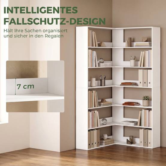 Bibliothèque à 7 étagères, étagère d'angle en L avec dos antidérapant, blanche aspect bois - Image 8