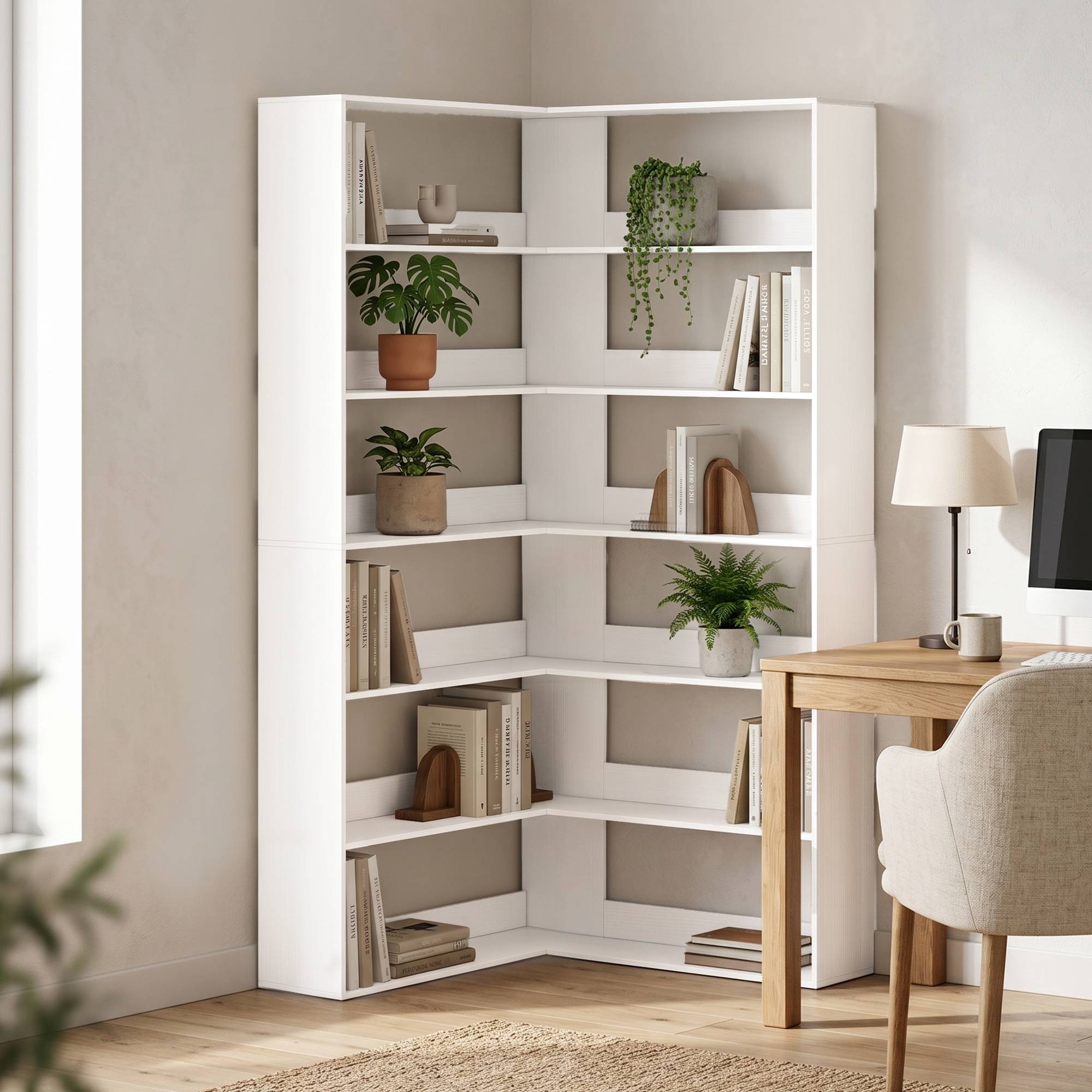 Bibliothèque à 7 étagères, étagère d'angle en L avec dos antidérapant, blanche aspect bois - Image 3