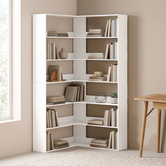 Bibliothèque à 7 étagères, étagère d'angle en L avec dos antidérapant, blanche aspect bois - Image 4