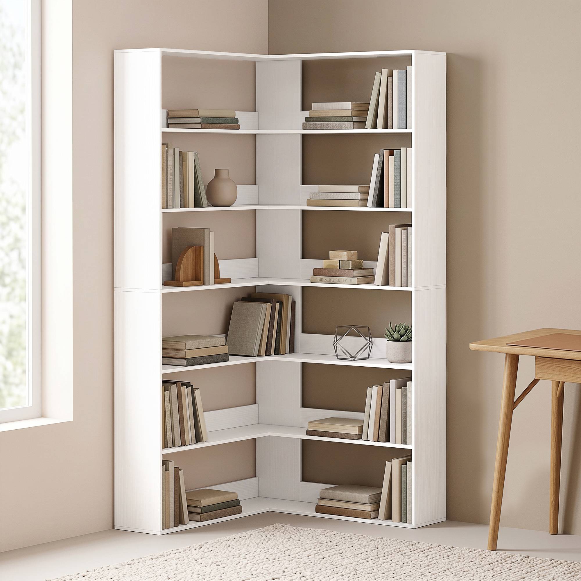 Bibliothèque à 7 étagères, étagère d'angle en L avec dos antidérapant, blanche aspect bois - Image 4
