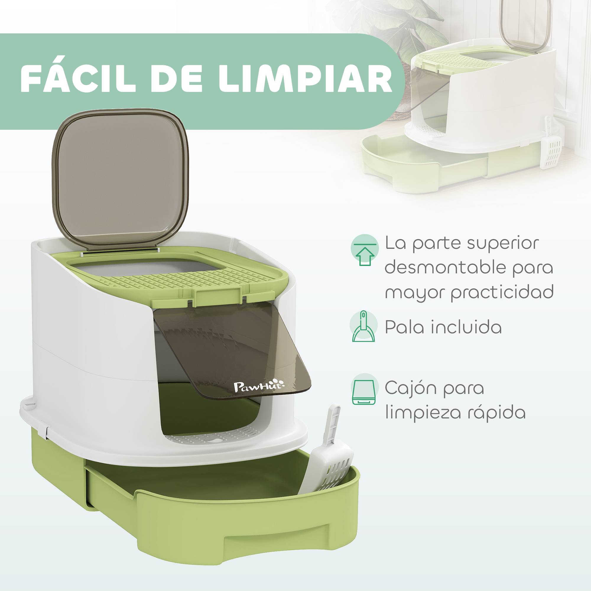 Bac à Litière Fermé Blanc et Vert - 40,5x52,5x42,5cm avec Porte Frontale, Sortie Supérieure, Plateau et Pelle - Image 7