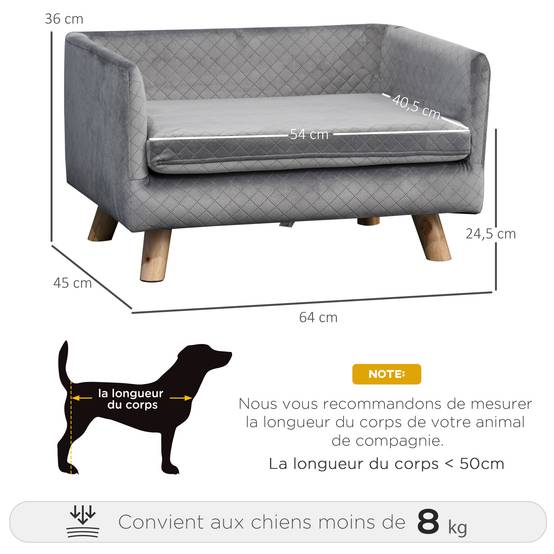 Sans Marque - Canapé chien lit pour chien design scandinave coussin moelleux pieds bois massif dim. 64 x 45 x 36 cm velours gris - Image 5
