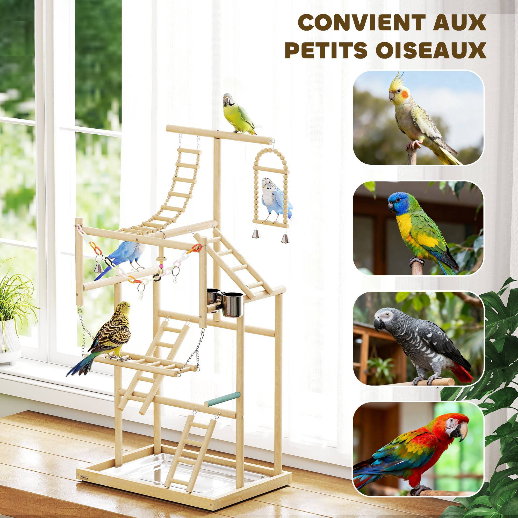 Sans Marque - Aire de jeux pour oiseaux, terrain de jeu pour perroquet, échelles, jouet à chaîne, plateau, 48x38x95cm, bois naturel - Image 9