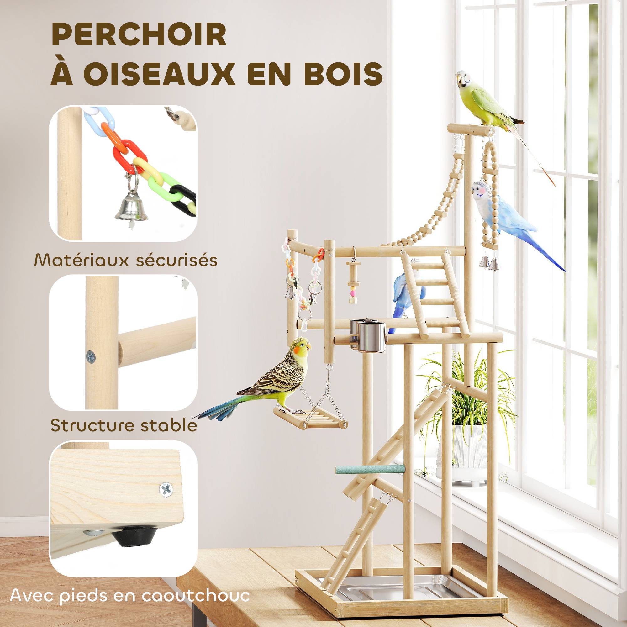 Sans Marque - Aire de jeux pour oiseaux, terrain de jeu pour perroquet, échelles, jouet à chaîne, plateau, 48x38x95cm, bois naturel - Image 6