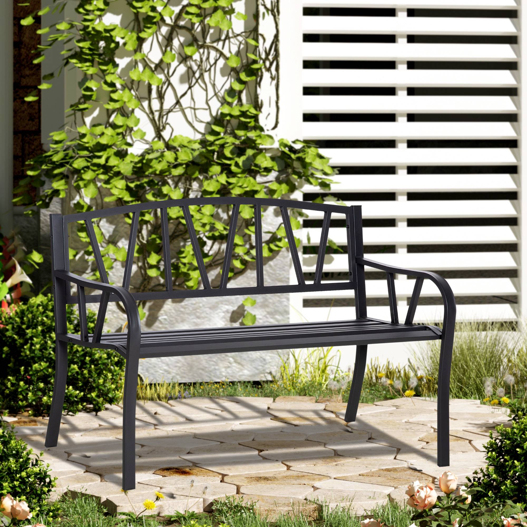 ComfortXL - Banc de jardin métal 2 places terrasse patio dossier lignes modernes 128x56x86cm noir - ComfortXL Outdoor Living - Image 3