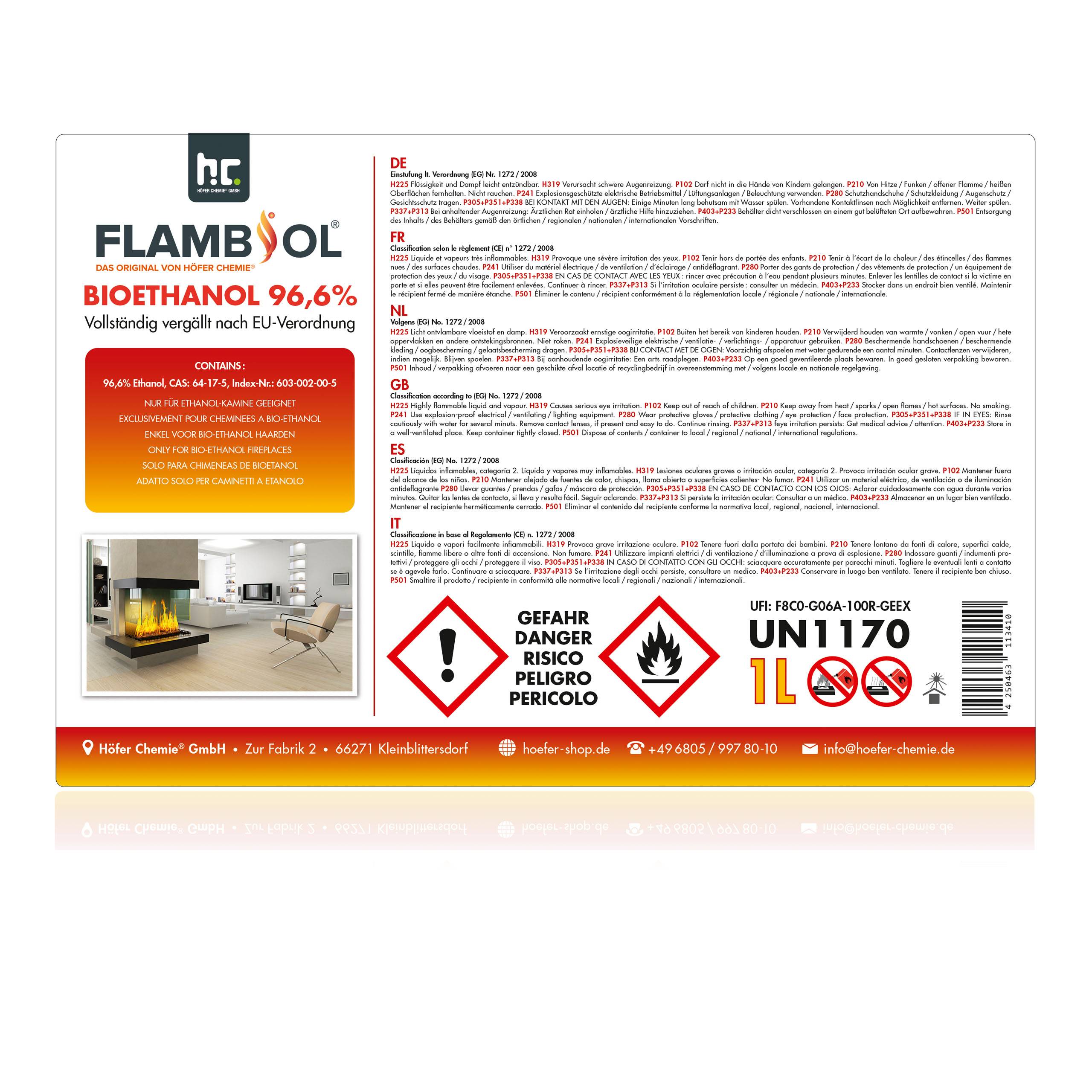 Bioéthanol à 96,6% dénaturé FLAMBIOL® en bouteille de 1L x 6 - Image 7