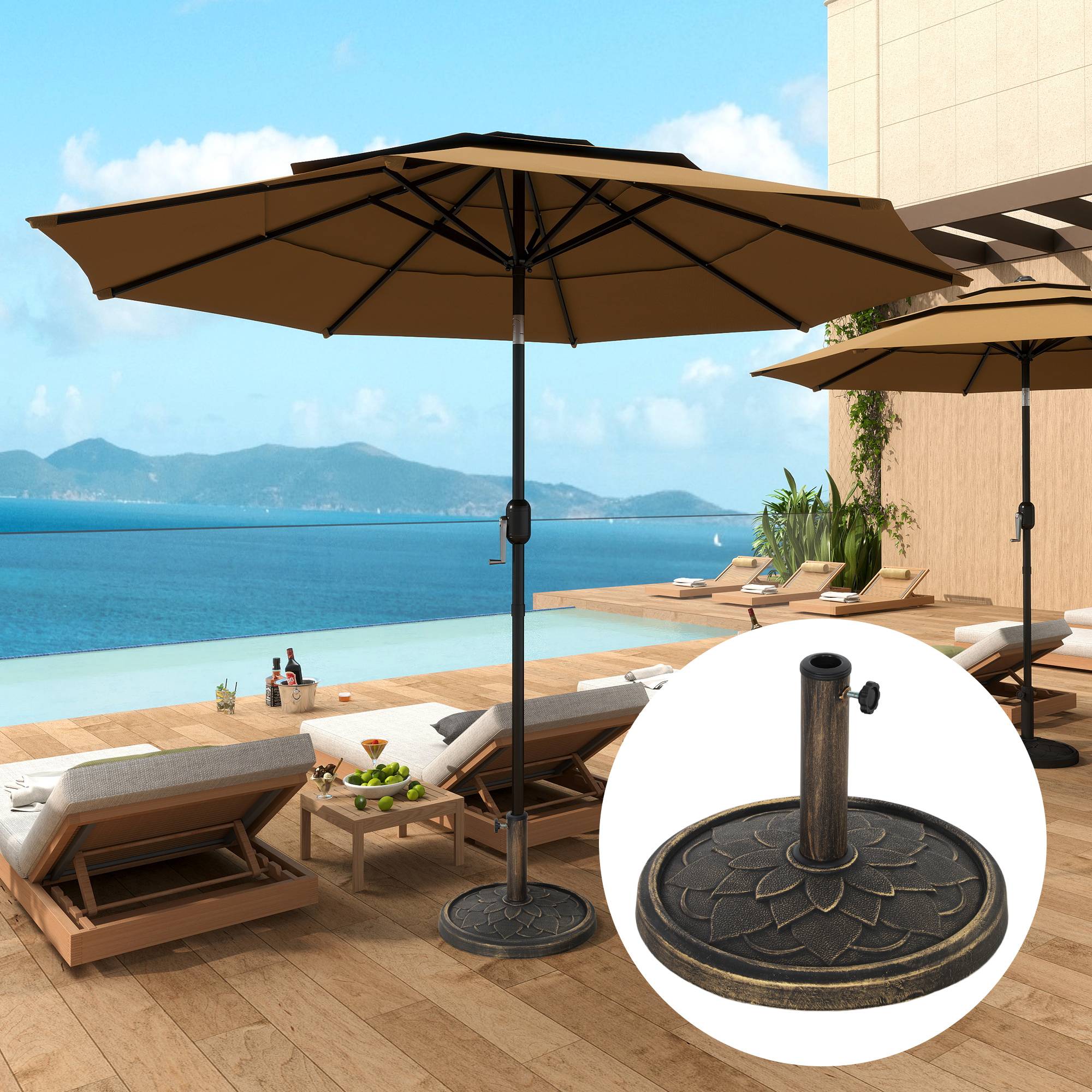 Pied de parasol 12 kg avec manivelle intégrée, en résine, métal et ciment, Ø 46 x 34 cm, bronze - Image 3