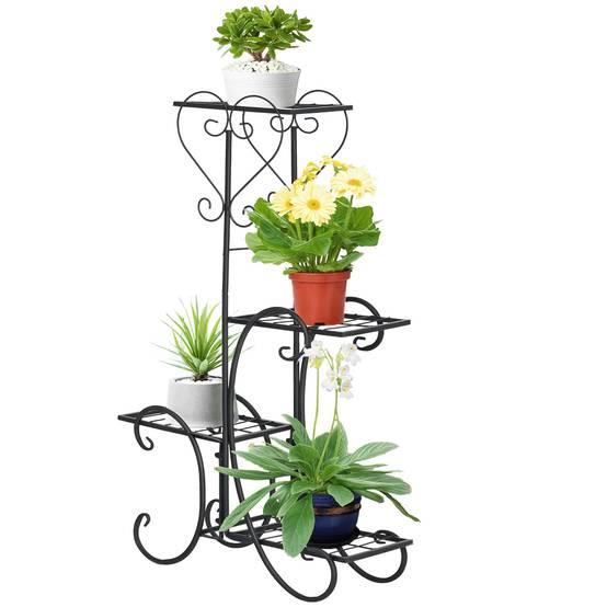 Porte-fleurs métal 4 niveaux, étagère plantes, escalier, int/ext, noir, 45x24,5x80 cm - Image 1