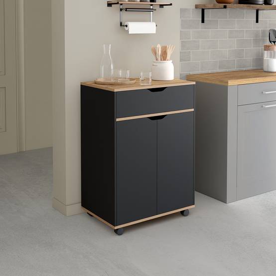 Desserte de cuisine COSY placard avec tiroir bois noir et plateaux façon hêtre L.60 CM - Image 1