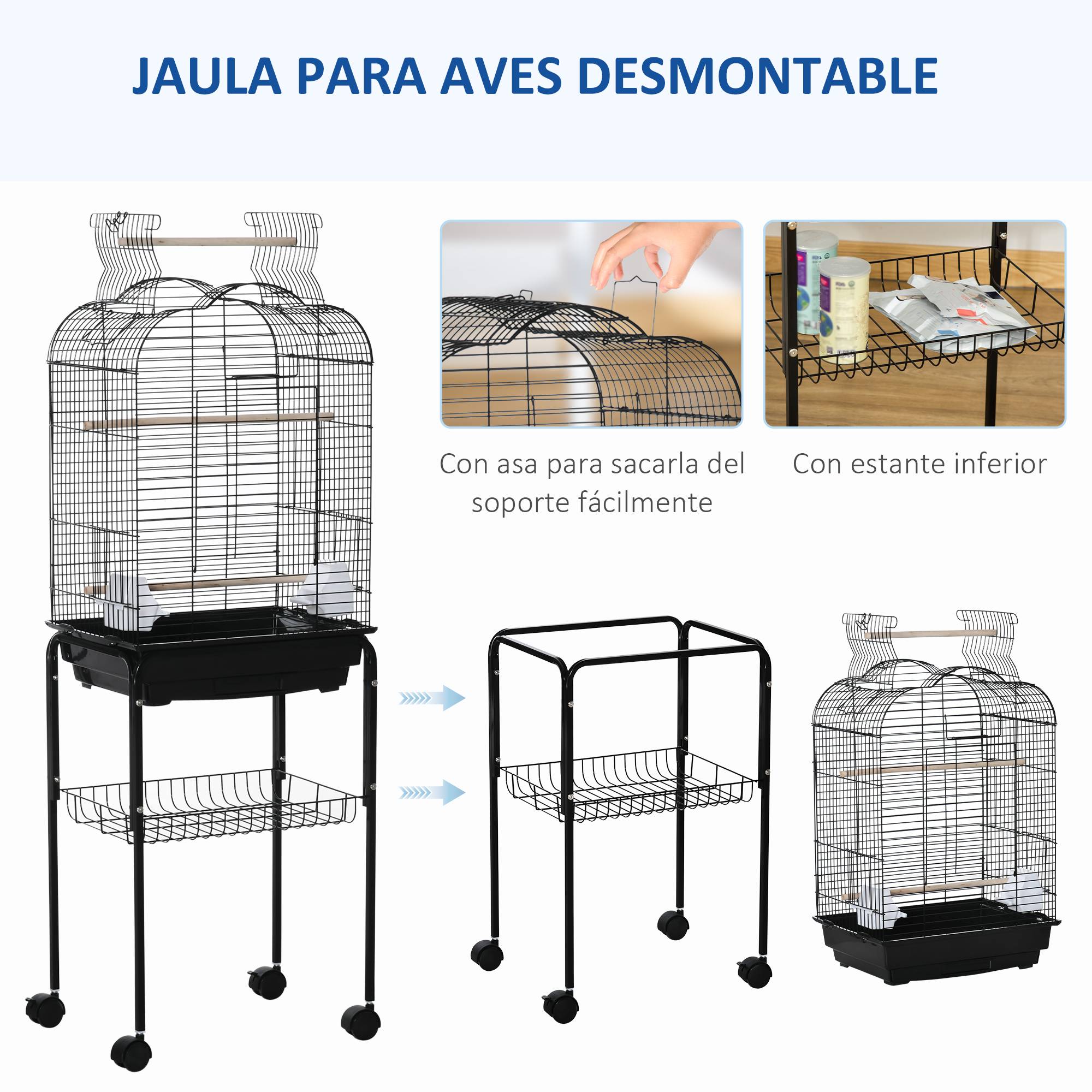 Cage Oiseaux Noire 46x36x130cm avec Support à Roulettes - Toit Ouvrant 2 Mangeoires Perchoirs et Tiroir Amovible - Image 7