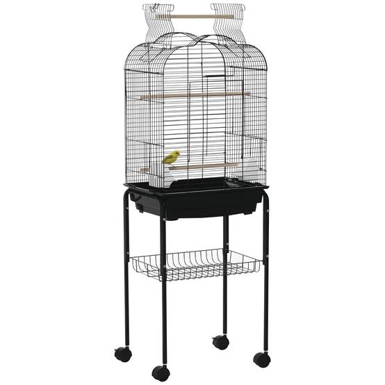 Cage Oiseaux Noire 46x36x130cm avec Support à Roulettes - Toit Ouvrant 2 Mangeoires Perchoirs et Tiroir Amovible - Image 1