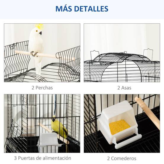 Cage Oiseaux Noire 46x36x130cm avec Support à Roulettes - Toit Ouvrant 2 Mangeoires Perchoirs et Tiroir Amovible - Image 9