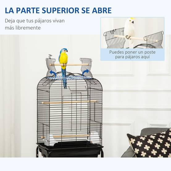 Cage Oiseaux Noire 46x36x130cm avec Support à Roulettes - Toit Ouvrant 2 Mangeoires Perchoirs et Tiroir Amovible - Image 6