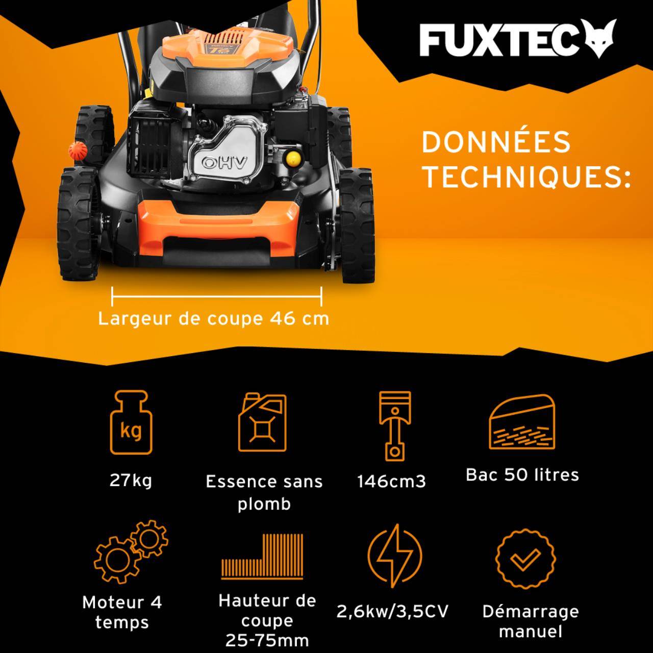 FUXTEC - Tondeuse à Gazon Thermique FUXTEC 146 cm³ 46 cm – Poussée, Bac 50L – Modèle FX-RM4646ECO 3,5 CV - Image 3